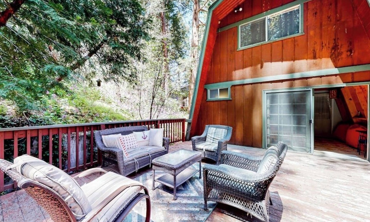 Crestline House | Dog-friendly 2-story home with large deck, tree views, fireplace, & W/D