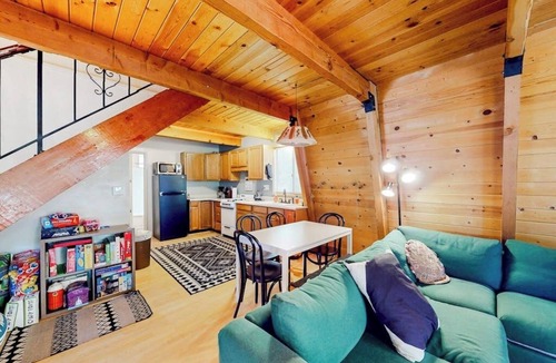 Crestline House | Dog-friendly 2-story home with large deck, tree views, fireplace, & W/D