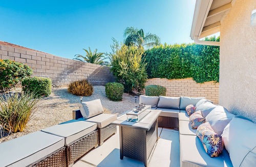Desert Hot Springs House | Dog-friendly home with patio, grill, firepit, outdoor pool, tennis, & fireplace