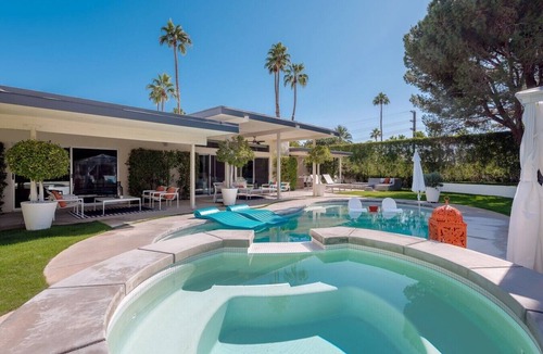 Palm Springs House | Saltwater Pool with Tanning Shelf, Spa, Two Fire Pits, Outdoor Shower, Cabana