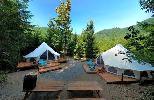 Carson RV Rental | Spacious Dual Bell Tent Glamping Retreat with Forest Deck near Carson, Washington